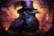 A raven wearing a top hat and a purple top. Generative AI image. Halloween raven.