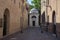 Ravenna / ITALY - June 20, 2018: Dante Alighieri tomb hidden on the end of narrow italian street