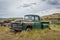 Ravenscrag, SK- August 21, 2021: Abandoned vintage green Fargo pickup truck on the Saskatchewan prairies
