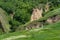 Ravine covered with greenery. Landscape valley with geological faults.