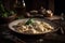 Ravioli with cream mushroom sauce and basil on big white plate