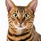 Ravishing adorable bengal cat portrait on white isolated background.