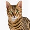 Ravishing adorable bengal cat portrait on white isolated background.