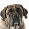 Ravishing adorable English mastiff dog portrait on white isolated background.