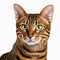 Ravishing adorable toyger cat portrait on white isolated background.