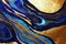 Ravishing blue and golden acrylic liquid ink swirl abstract background.