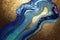 Ravishing blue and golden acrylic liquid ink swirl abstract background.