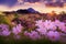 Ravishing closeup flower scenery in natural landscape with starry night sky.