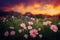 Ravishing closeup flower scenery in natural landscape with starry night sky.