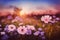 Ravishing closeup flower scenery in natural landscape with starry night sky.