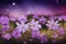 Ravishing closeup flower scenery in natural landscape with starry night sky.