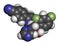 Ravuconazole antifungal drug molecule. 3D rendering. Atoms are represented as spheres with conventional color coding: hydrogen (