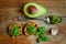 Raw ,alkaline food with avocado and basil pesto with garlic