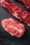 Raw, alternative beef steaks  flap flank Steak, machete steak or skirt cut, Top blade or flat iron beef and tri tip, triangle