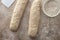 Raw baguette dough with whole grain rye flour. Copy space.