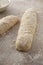 Raw baguette dough with whole grain rye flour. Copy space.