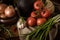 Raw beef burger, traditional barbecue, still life with vegetables and meat