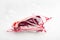 Raw beef meat Club or striploin on the bone steak in plastic airtight pack, on white stone  surface, top view flat lay, with copy