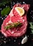 Raw beef meat, uncooked steak with rosemary, lemon and spices on black