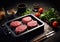 Raw beef sirloin steak fillet in tray on dark kitchen background.Macro.AI Generative