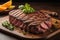 Raw beef sirloin steak with ingredients for cooking on wooden background. ai generative