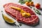 Raw beef sirloin steak with ingredients for cooking on wooden background. ai generative