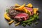 Raw beef sirloin steak with ingredients for cooking on wooden background. ai generative