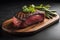 Raw beef sirloin steak with ingredients for cooking on wooden background. ai generative