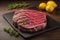 Raw beef sirloin steak with ingredients for cooking on wooden background. ai generative