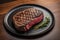 Raw beef sirloin steak with ingredients for cooking on wooden background. ai generative