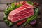 Raw beef sirloin steak with ingredients for cooking on wooden background. ai generative