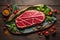 Raw beef sirloin steak with ingredients for cooking on wooden background. ai generative