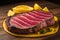 Raw beef sirloin steak with ingredients for cooking on wooden background. ai generative