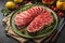 Raw beef sirloin steak with ingredients for cooking on wooden background. ai generative