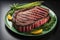 Raw beef sirloin steak with ingredients for cooking on wooden background. ai generative