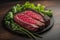 Raw beef sirloin steak with ingredients for cooking on wooden background. ai generative