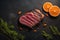 Raw beef sirloin steak with ingredients for cooking on wooden background. ai generative