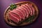 Raw beef sirloin steak on wooden board with herbs and spices. generative ai