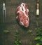 Raw beef steak with fresh herbs on rustic wooden background, top view. Meat BBQ or grill preparation