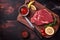 Raw beef steak with vegetables. Horizontal view of red meat on wooden cutting board.