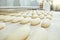 Raw bread is making on the automatic equipment line in the bakery.