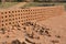 Raw brick laid out in stacks for drying.