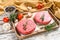 Raw Burger patties. Mince meat cutlet, ground beef and pork. White background. Top view