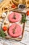 Raw Burger patties. Mince meat cutlet, ground beef and pork. White background. Top view