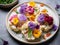 Raw cauliflower steaks with edible flowers and herbs on white plate, close up, top view. Healthy eating, plant based meat