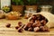 Raw Chestnuts background on rustic wooden table