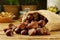 Raw Chestnuts background on rustic wooden table