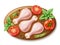 Raw chicken on cutting board. Realistic turkey drumsticks, cooking process, poultry legs with tomatoes, herbs and spices