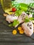 Raw chicken legs, parsley, freshness culinary spices recipe preparation board wooden background