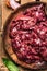 Raw chicken liver in wooden bowl ready for cooking